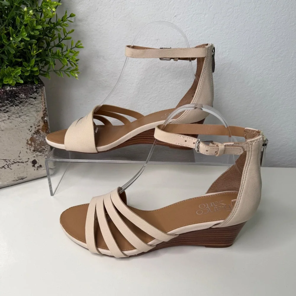 Franco Sarto Dutch Wedge Sandals Womens Cream Leather Strappy Minimalist 7.5M